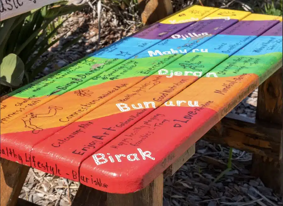 A rainbow-painted table showing the Kulin seasons, celebrating community and culture